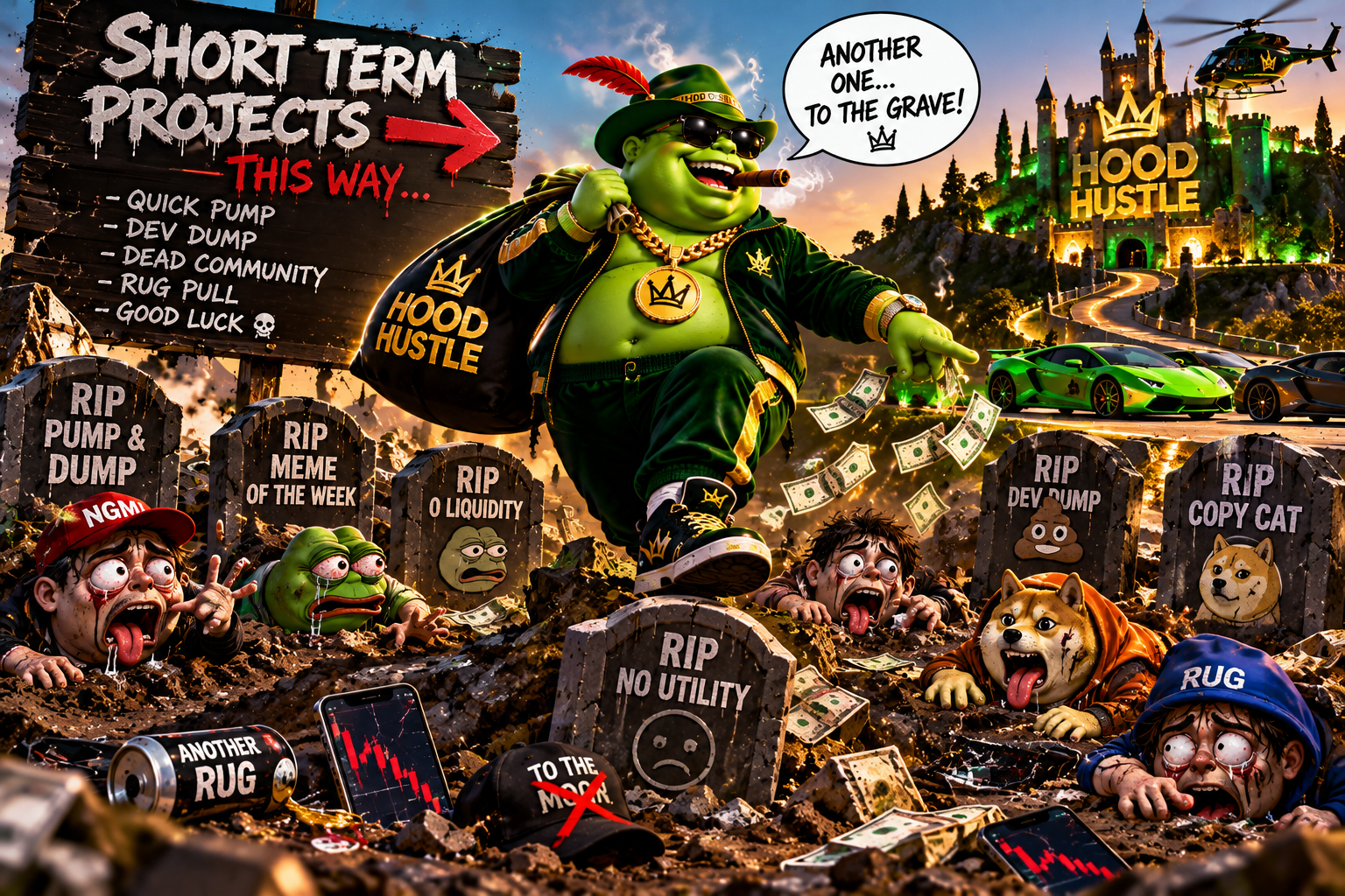 Hood Hustle crypto graveyard meme