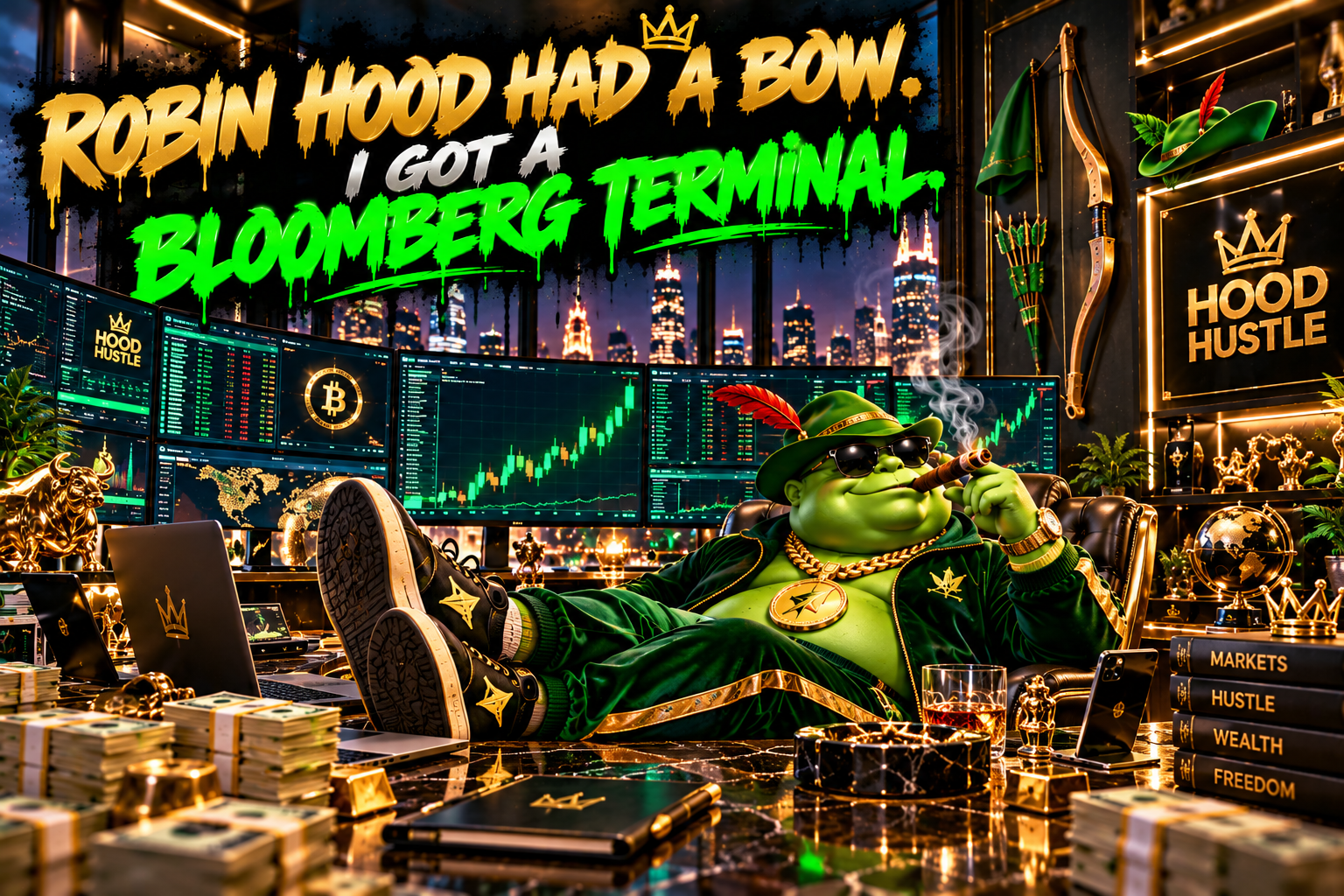 Hood Hustle mascot at the trading terminal